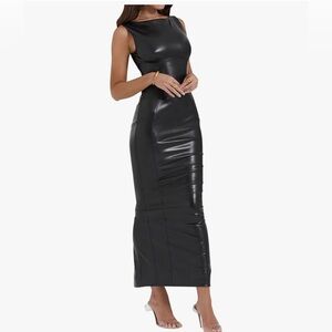Sexy Women’s Faux Leather Bodycon Dress Boat Neck Elegant Long Dresses S